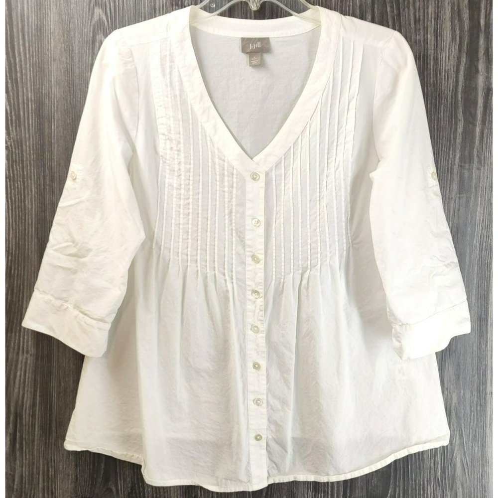 J. Jill Small Drop Front Button Down Pleated Baby Doll Top 3/4 Roll Tab Sleeves
